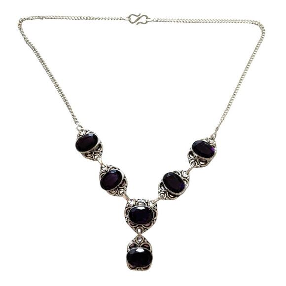 Faceted Amethyst Sterling Drop Necklace Marked 925 Lariat Gemstone Ornate - Picture 1 of 9